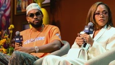 Jordyn Woods and Karl-Anthony Towns seated side by side with microphones on the Culture Stage at CultureCon 2026