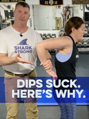 An instructor highlighting shoulder alignment during an upper body exercise, linking to the Shark U critique on dips.