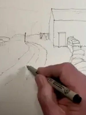 Sketching a charming stone structure with ink
