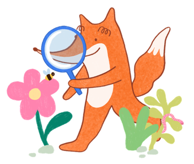 Miri-Fuchs schaut mit einer Lupe auf eine Blume