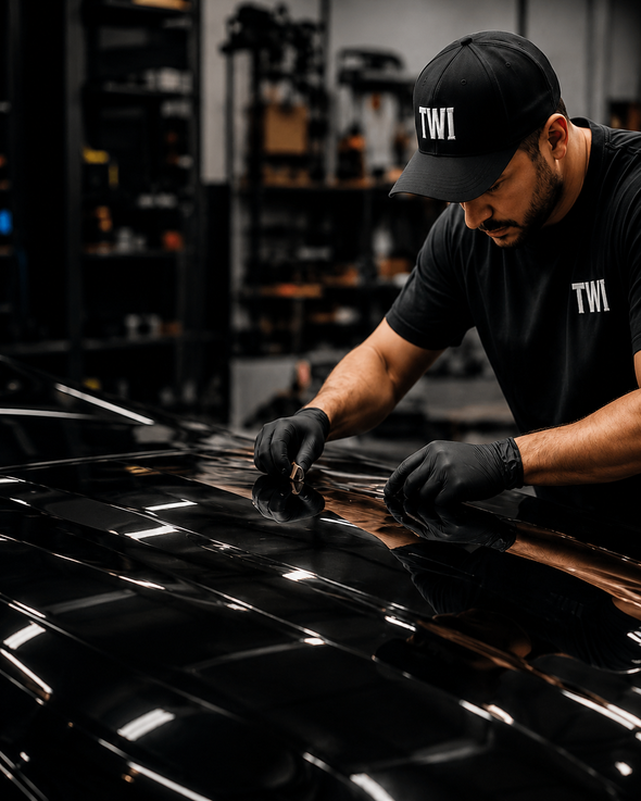TWI installer applying paint protection film to a vehicle hood