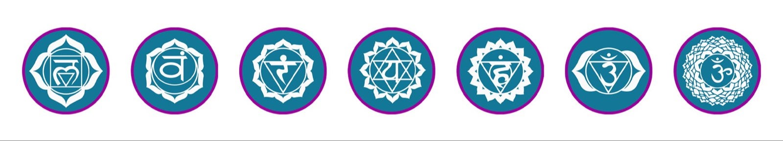 The seven Chakra symbols, from root to crown, in teal circles with a purple border