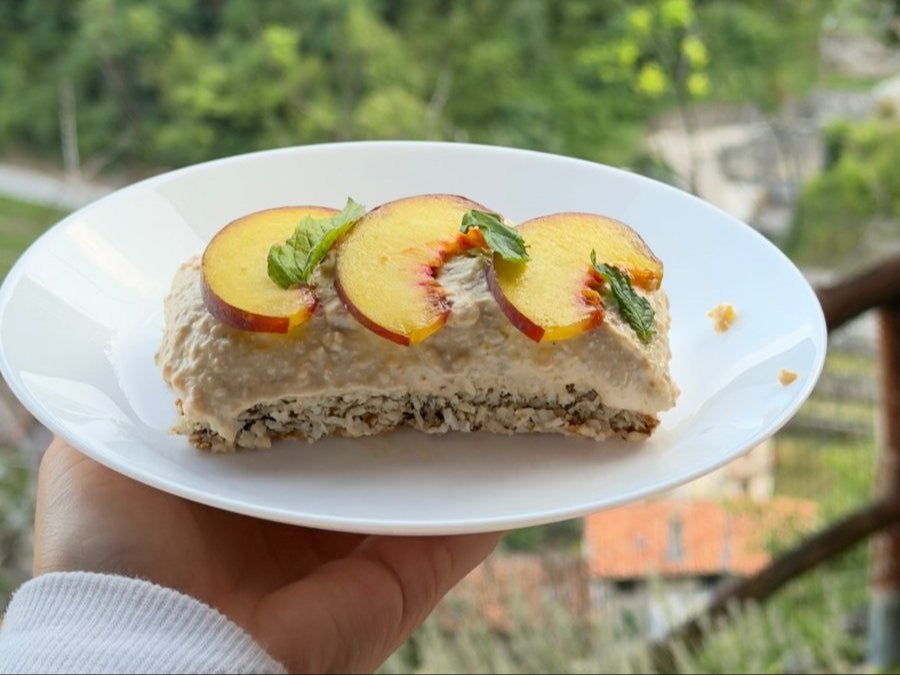 A plate of raw peach cake with mint, held up over a green valley