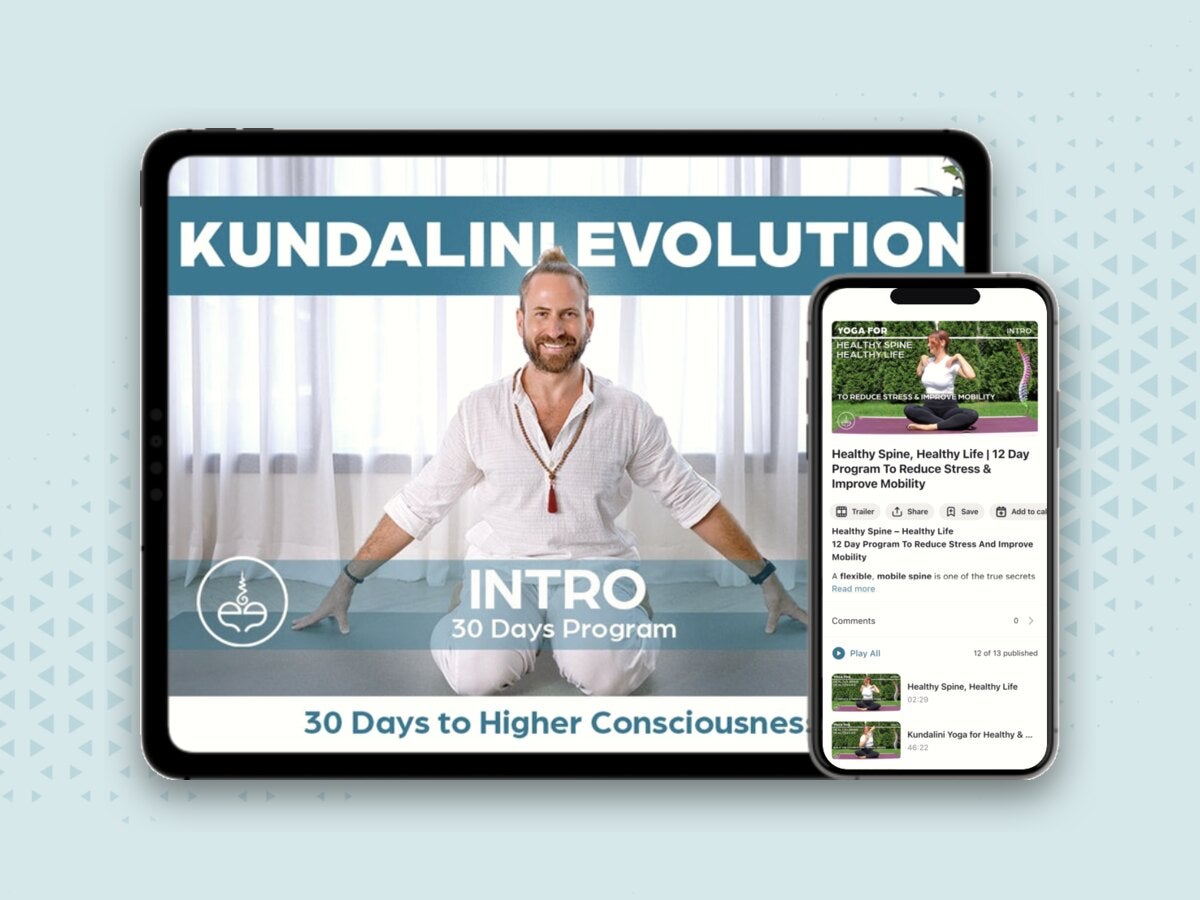 Andrew's Kundalini Evolution program on a tablet and Clelia's Healthy Spine program in the Refeel app on a phone