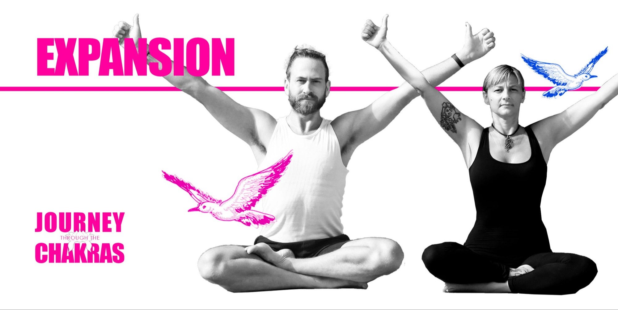 Expansion, Journey Through the Chakras: Andrew and Clelia with arms raised and birds flying
