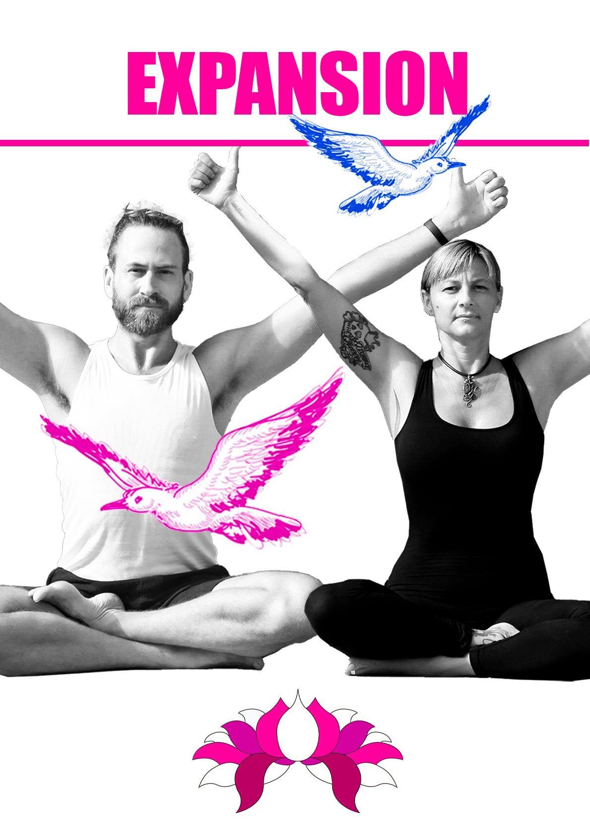 Expansion, Journey Through the Chakras: Andrew and Clelia with arms raised and birds flying