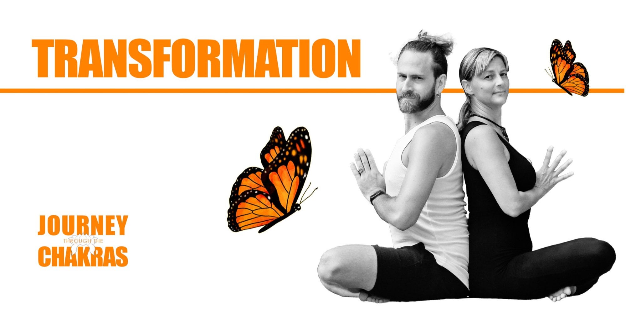 Transformation, Journey Through the Chakras: Andrew and Clelia sitting back to back with butterflies