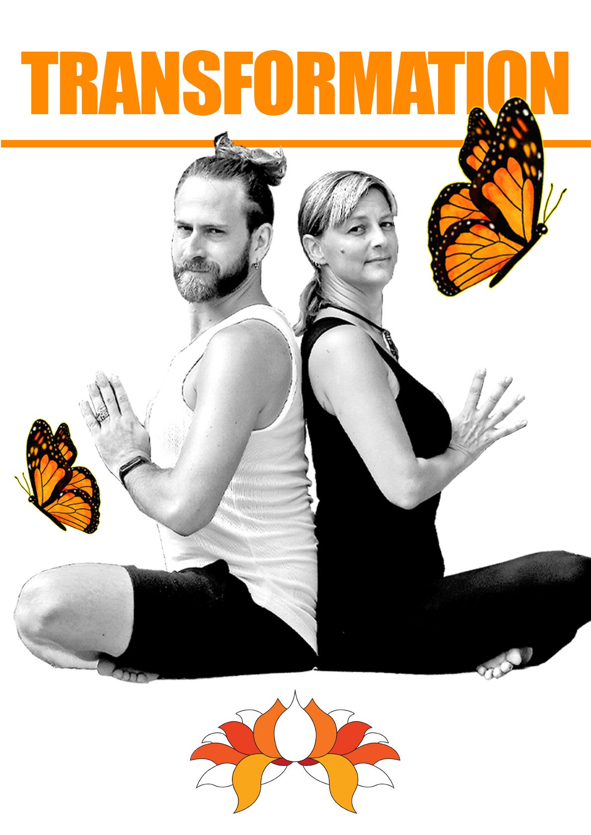 Transformation, Journey Through the Chakras: Andrew and Clelia sitting back to back with butterflies