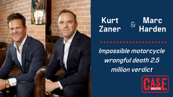 Kurt Zaner & Marc Harden - Impossible motorcycle wrongful death 2.5 million verdict; client driving 88mph on a city street and Defendant (suspected DUI) fled the scene. $150,000 offer – 04/08/21