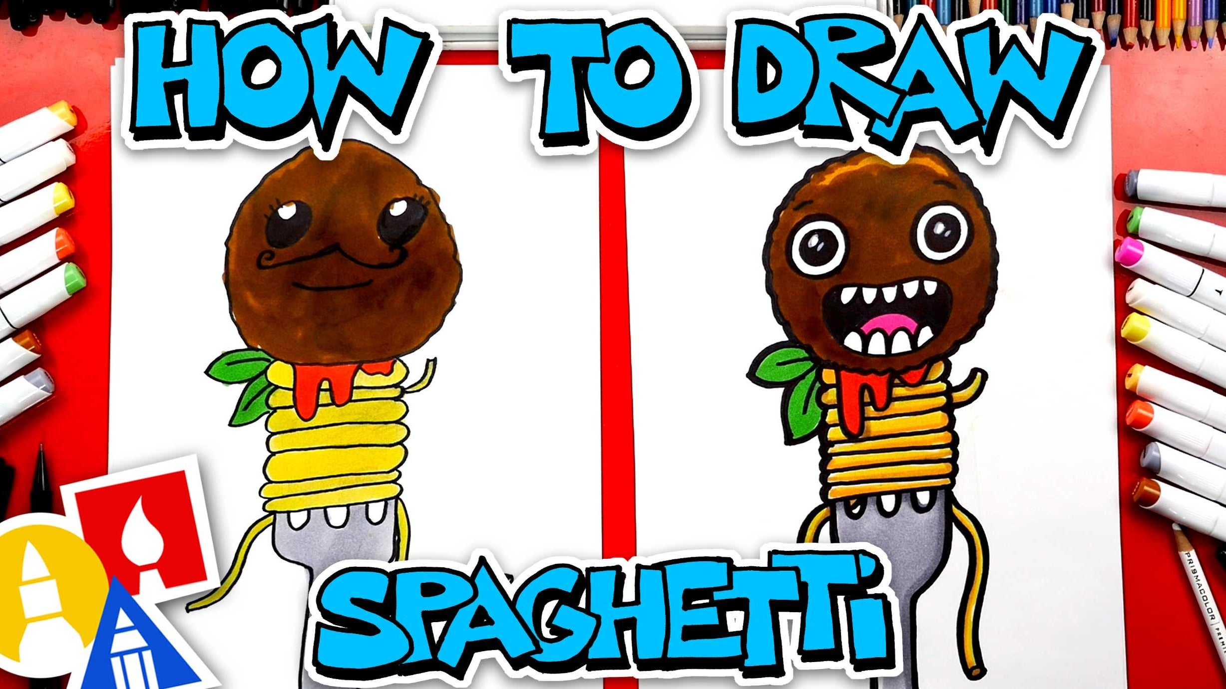 How To Draw Funny Spaghetti And Meatball On A Fork | Art For Kids Hub
